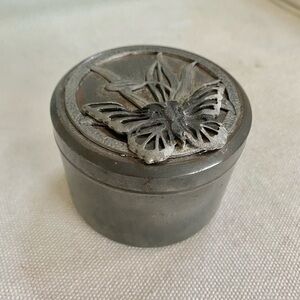 Vintage 1978 Metzke Pewter Tin Trinket Jewelry Box Retro Butterfly in Leaves